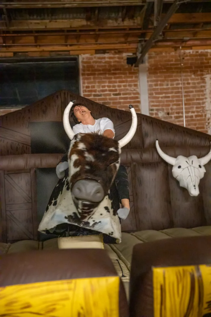 Mechanical bull with longhorn skulls waiting for the next rider