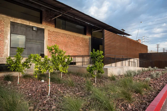 Young citrus trees planted along the restored exterior