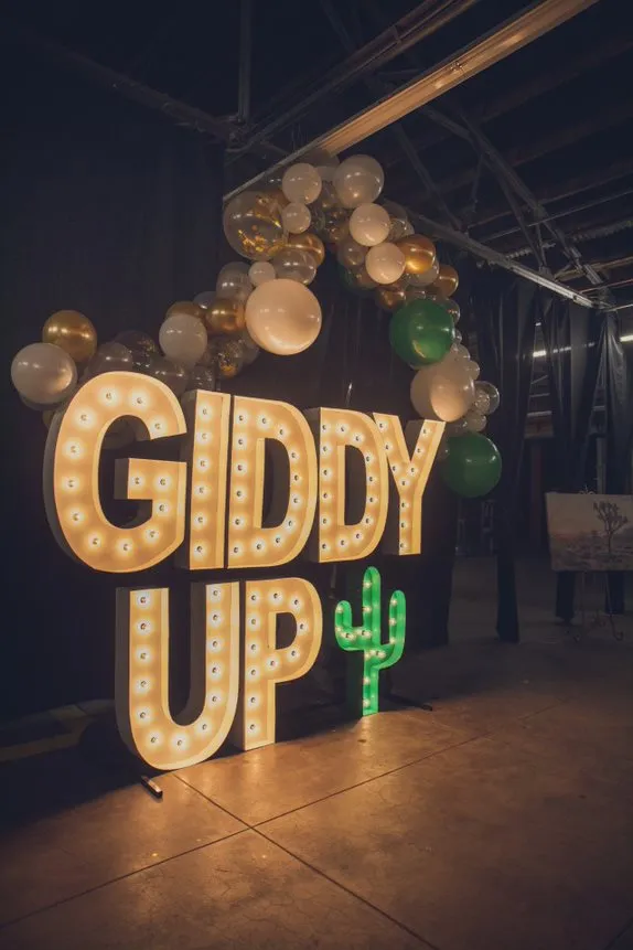 GIDDY UP marquee letters with balloon garland
